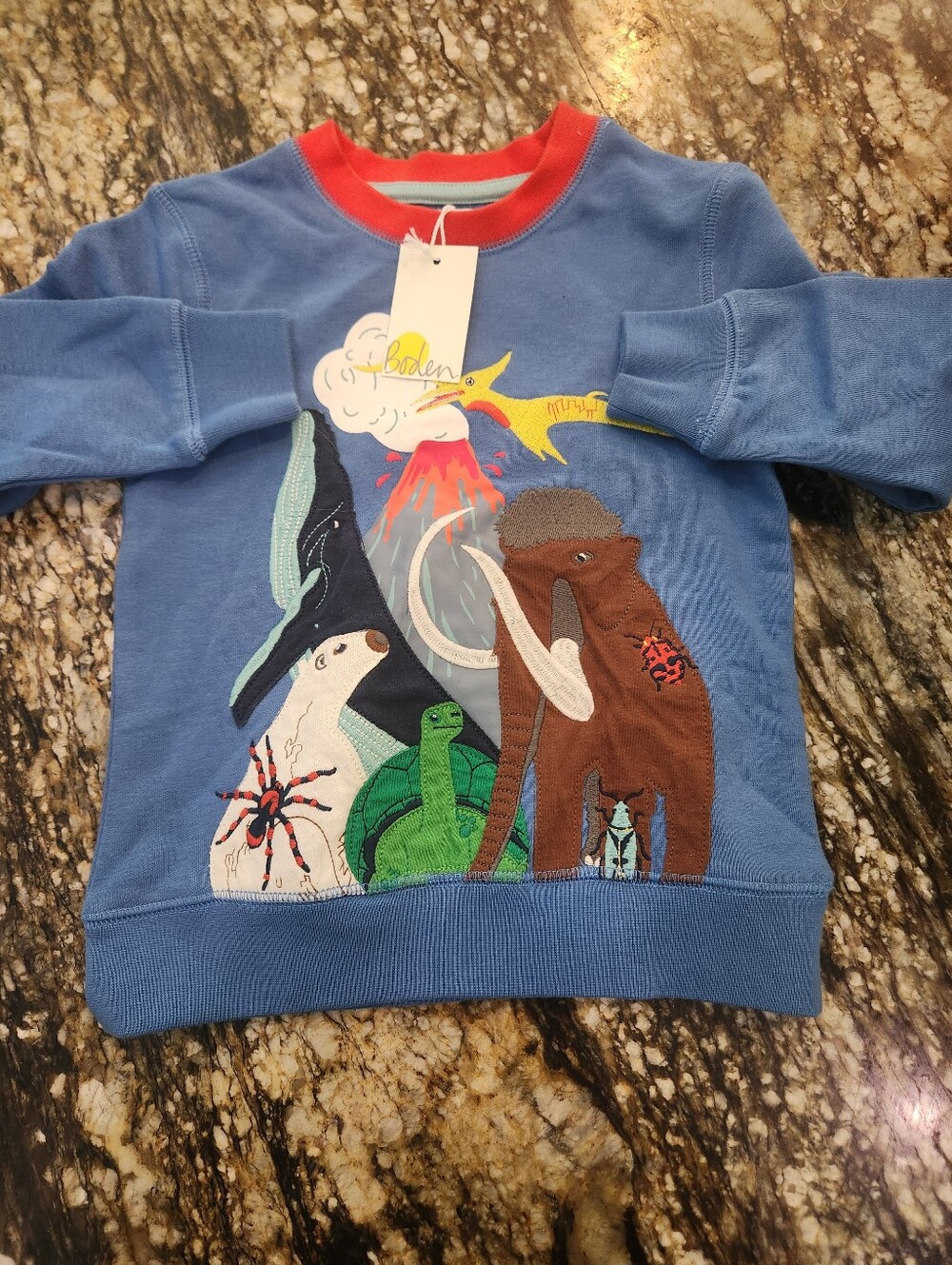 Mini Boden Blue Sweatshirt with Red Neck Trim and Animal Appliqués
